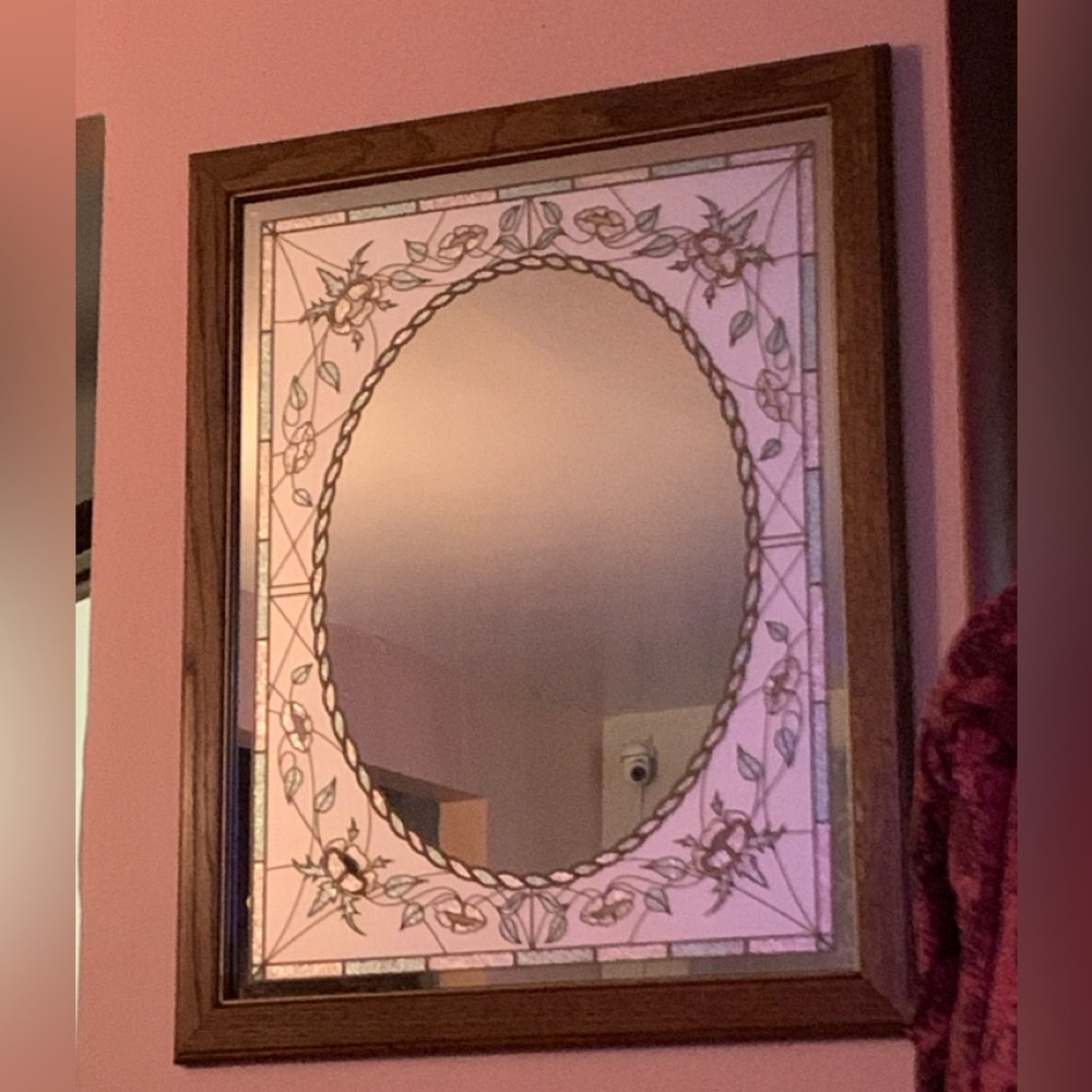 Wood Framed Decorative Wall Mirror with Pink Leaded Glass